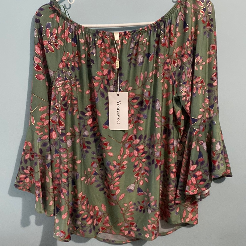 FLORAL BLOUSE GREEN & PINK w/ GOLD  BELL SLEEVES SIZE L NWT - Picture 9 of 9